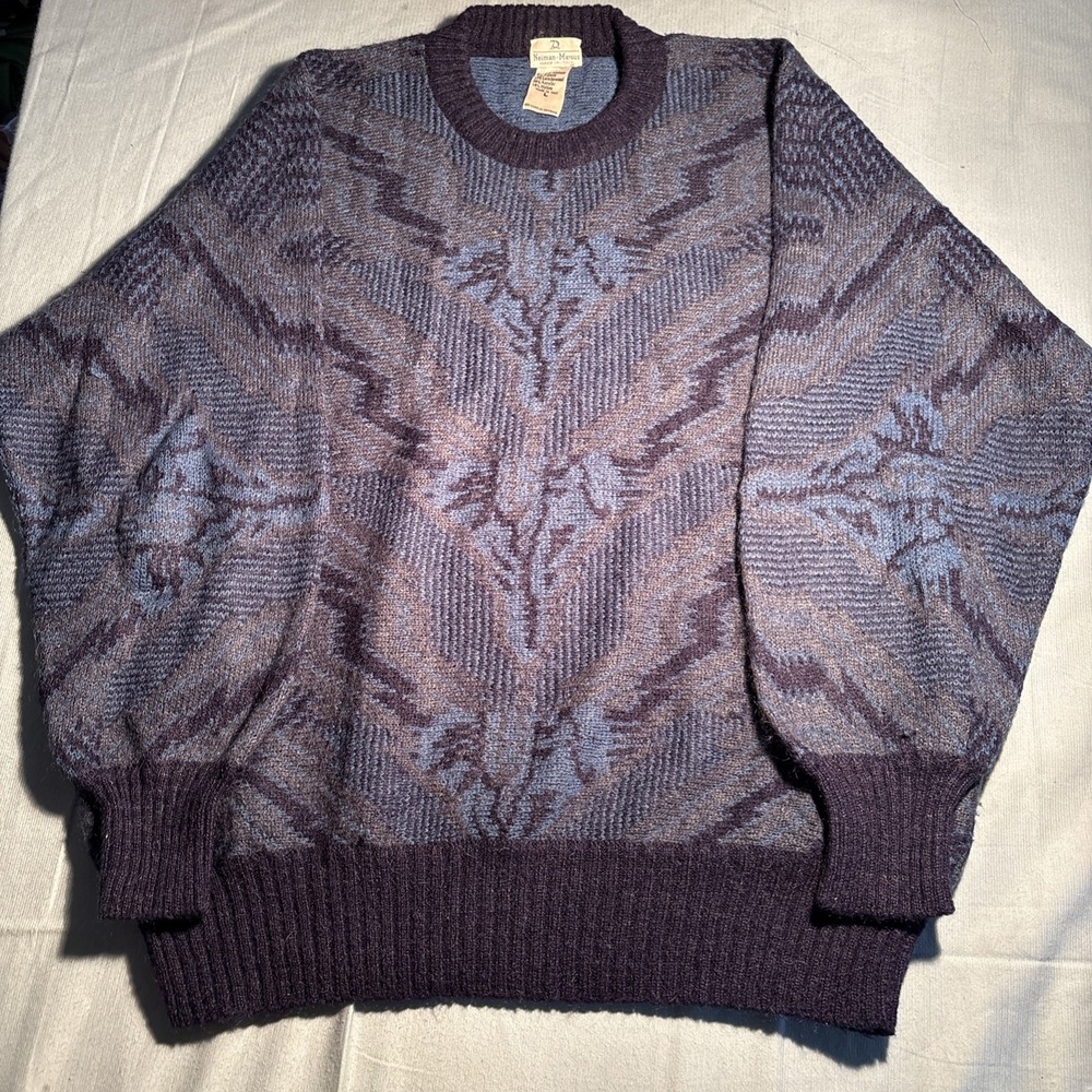 Vintage Neiman Marcus Mohair Alpaca Wool Sweater Blue Purple Abstract Italy L